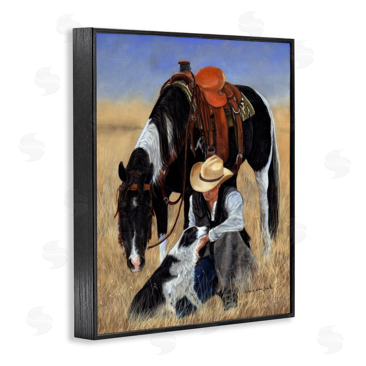 Cowboy with Dog & Horse Black Frame Print Wall Art, Home Decor by Victoria Schultz