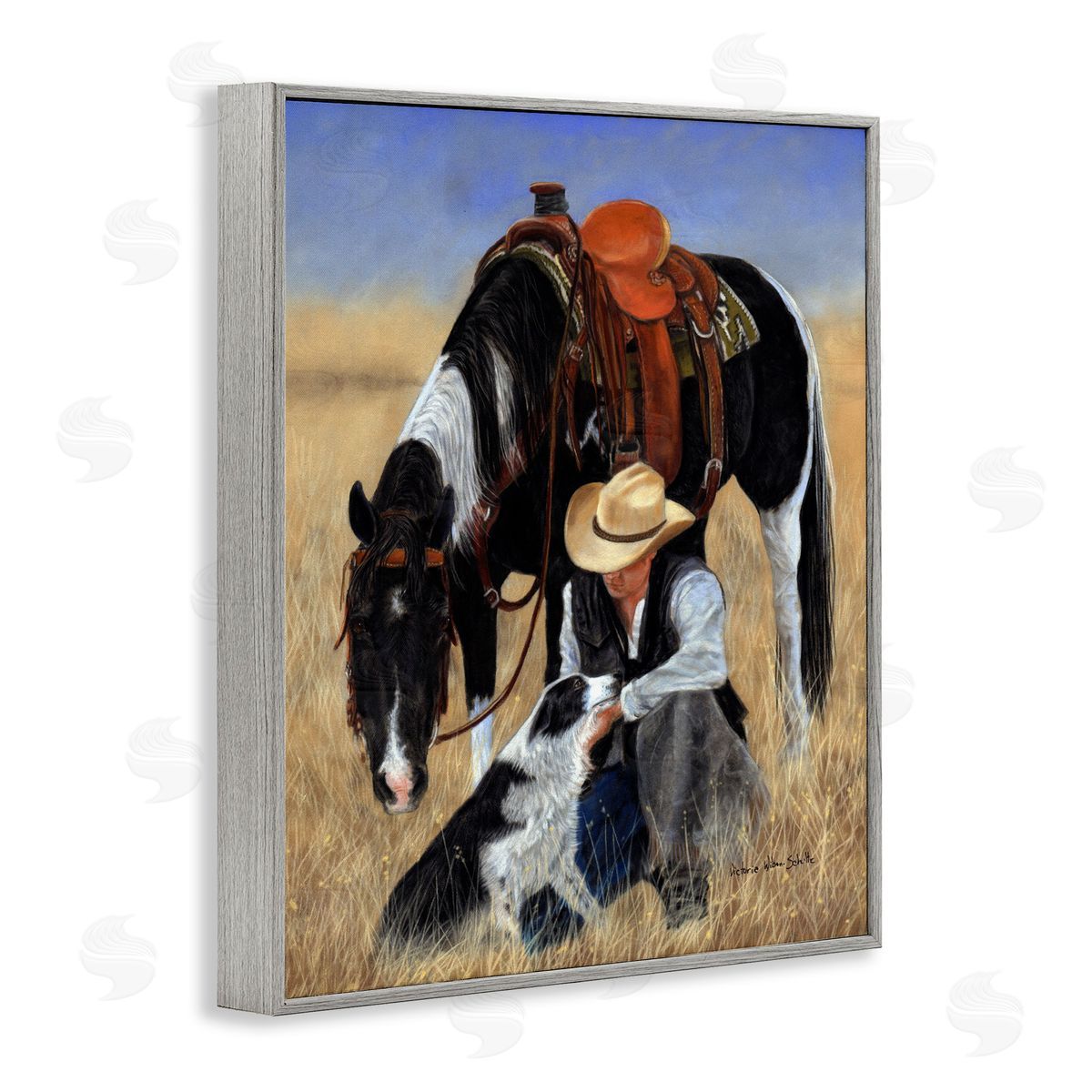 Cowboy with Dog & Horse Grey Frame Print Wall Art, Home Decor by Victoria Schultz