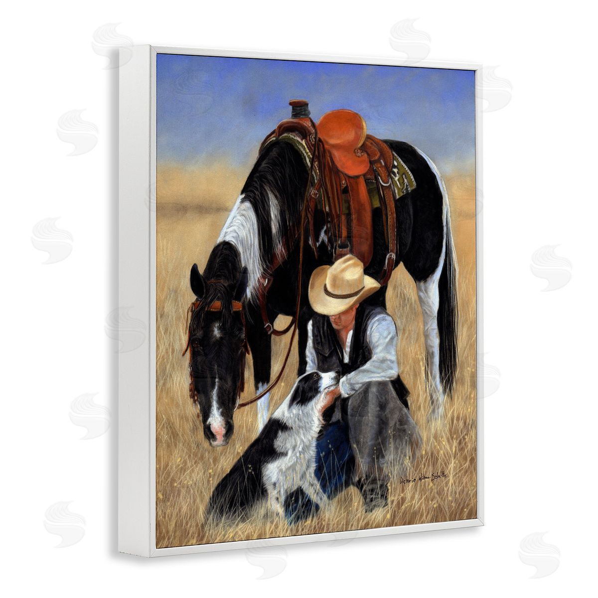 Cowboy with Dog & Horse White Frame Print Wall Art, Home Decor by Victoria Schultz