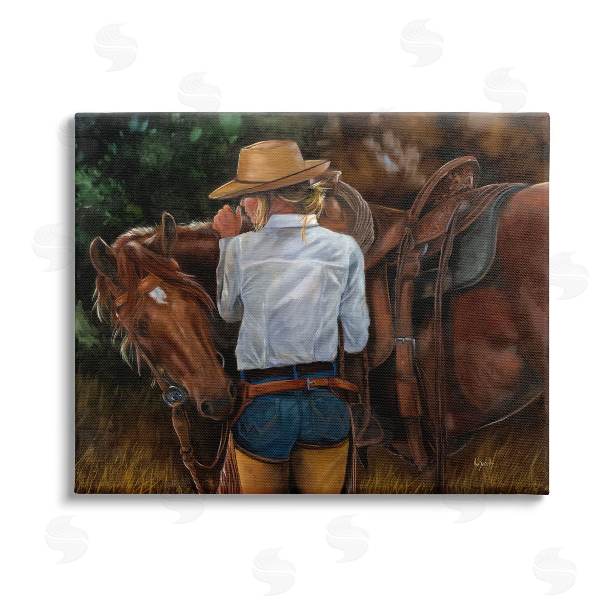 Victoria Schultz Cowgirl Tending to Horse Stretched Canvas Wall Art Print