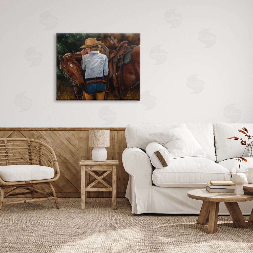 Victoria Schultz Cowgirl Tending to Horse Canvas Wall Art Print in Room