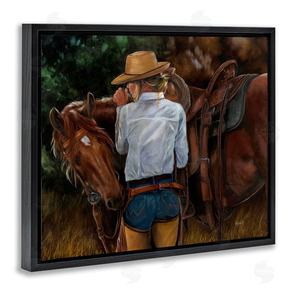 Victoria Schultz Cowgirl Tending to Horse Black Floating Frame Canvas Wall Art Print