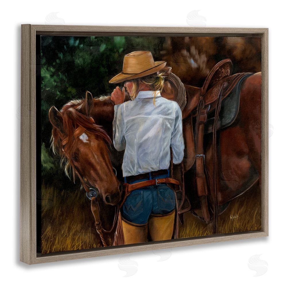 Victoria Schultz Cowgirl Tending to Horse Brown Floating Frame Canvas Wall Art Print