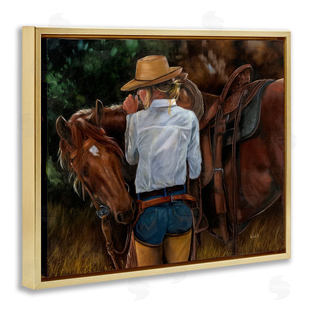 Victoria Schultz Cowgirl Tending to Horse Gold Floating Frame Canvas Wall Art Print