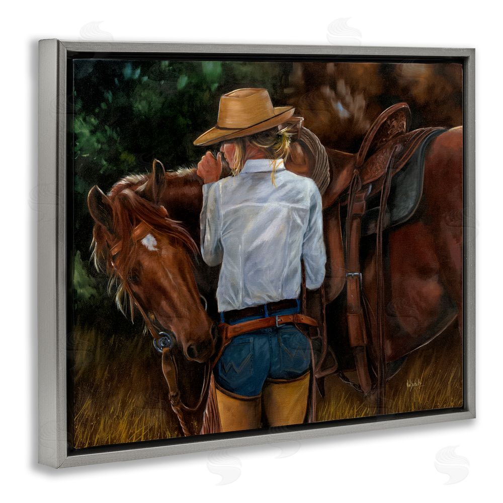 Victoria Schultz Cowgirl Tending to Horse Grey Floating Frame Canvas Wall Art Print