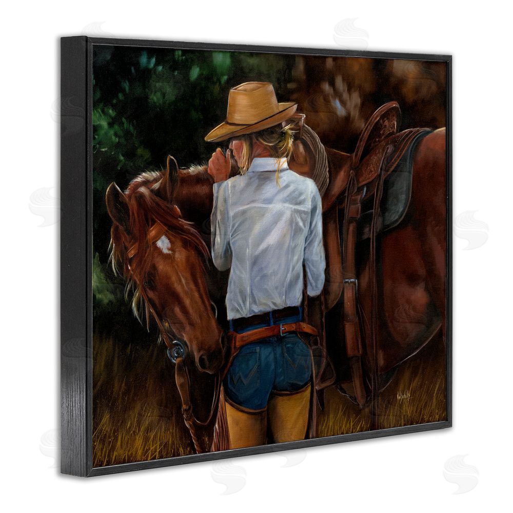 Victoria Schultz Cowgirl Tending to Horse Black Framed Giclee Wall Art Print