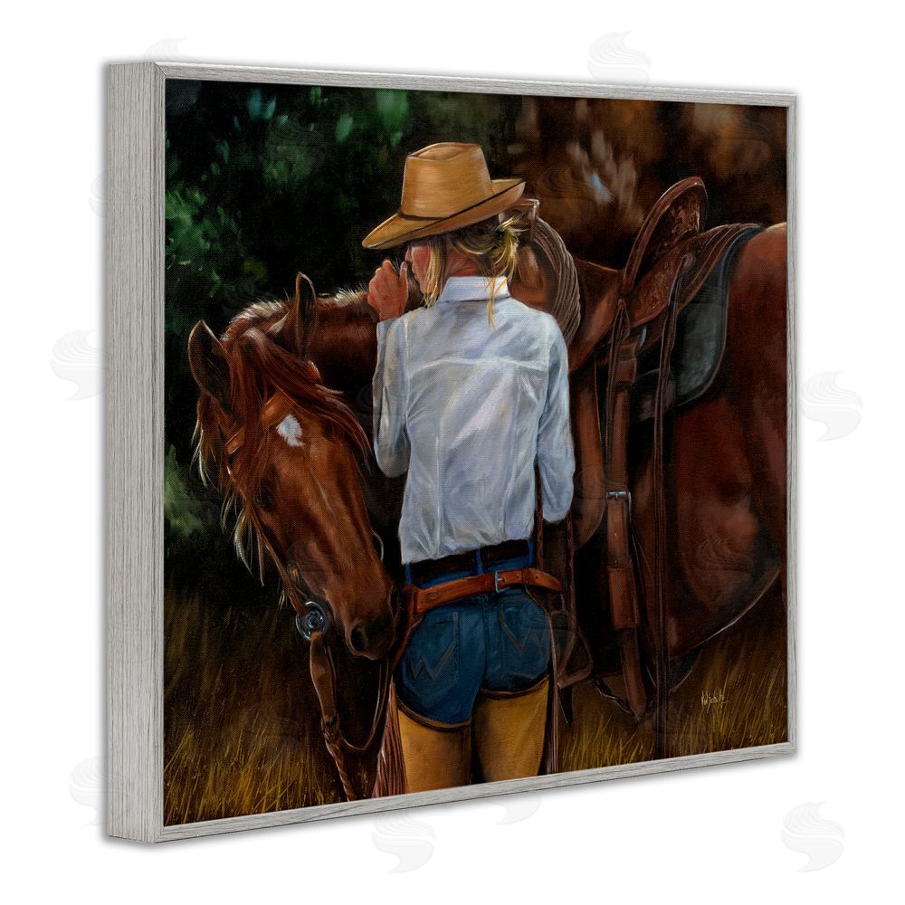Victoria Schultz Cowgirl Tending to Horse Gray Framed Giclee Wall Art Print