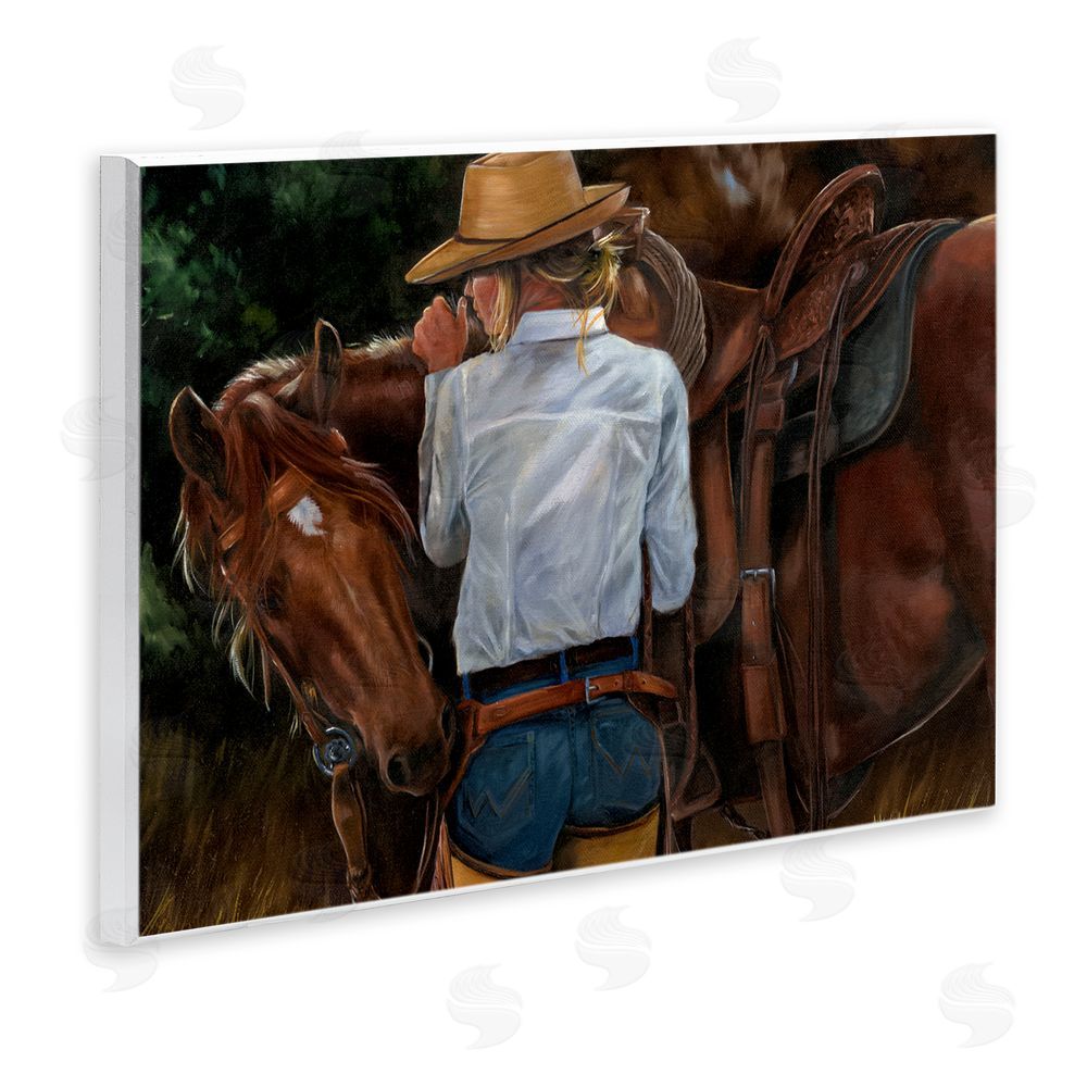 Victoria Schultz Cowgirl Tending to Horse Wall Plaque Art Print