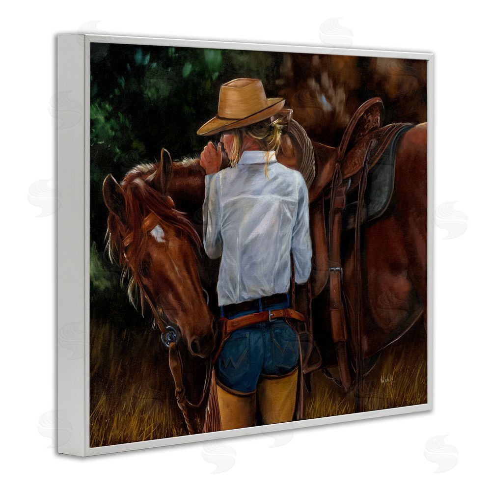 Victoria Schultz Cowgirl Tending to Horse White Framed Giclee Wall Art Print