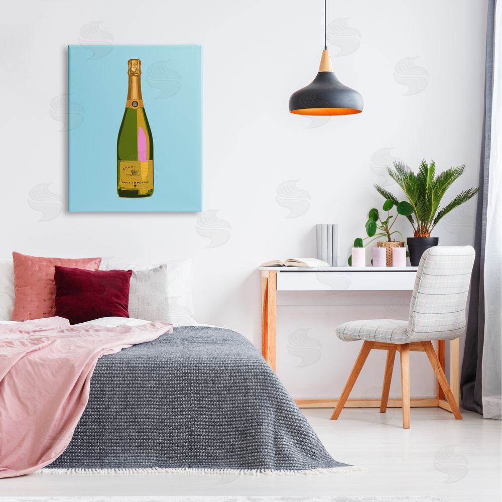 House of Lulu Champagne Bottle on Blue Canvas Wall Art Print in Room