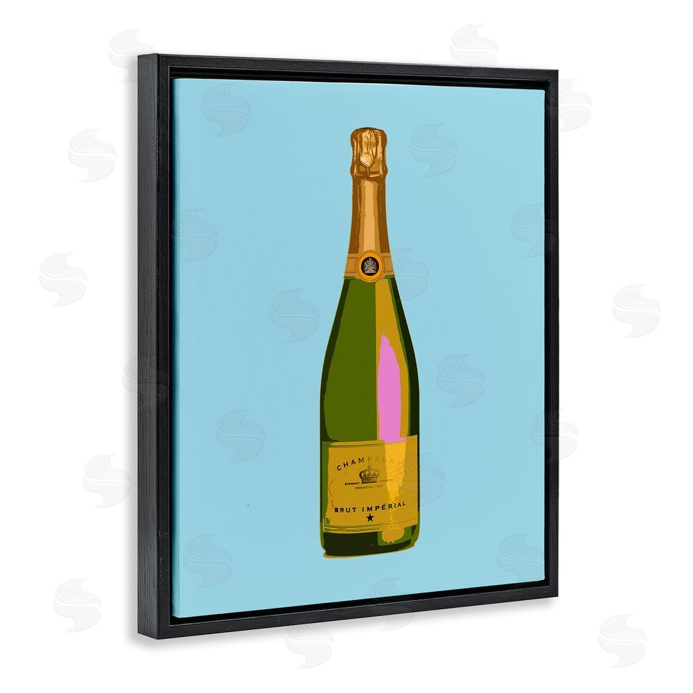 House of Lulu Champagne Bottle on Blue Black Floating Frame Canvas Wall Art Print