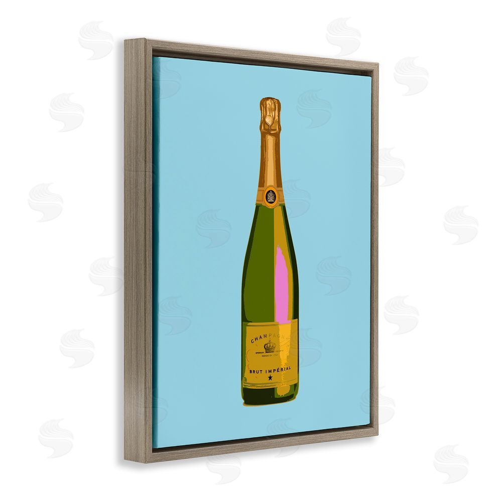 House of Lulu Champagne Bottle on Blue Brown Floating Frame Canvas Wall Art Print