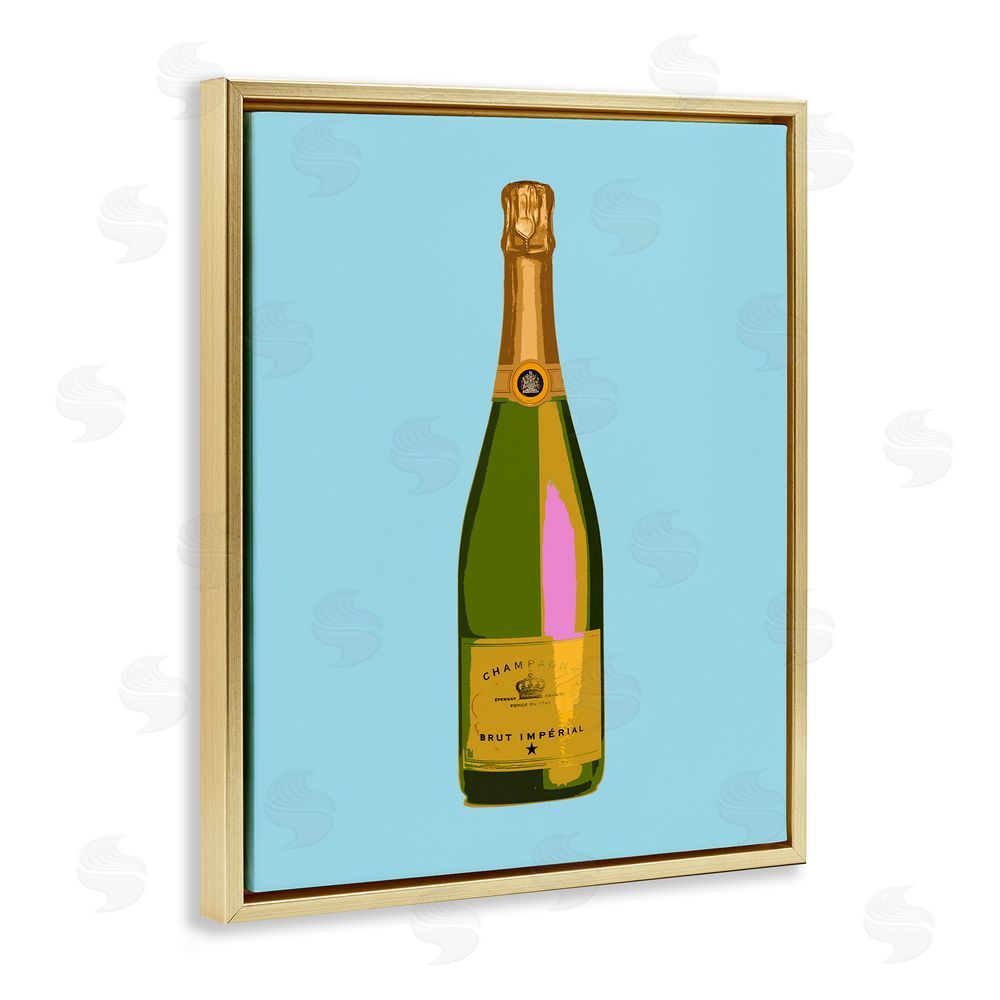 House of Lulu Champagne Bottle on Blue Gold Floating Frame Canvas Wall Art Print