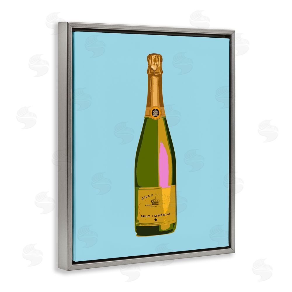 House of Lulu Champagne Bottle on Blue Grey Floating Frame Canvas Wall Art Print