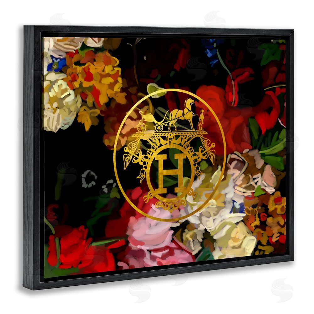 Amelia Noyes Glam Emblem Flowers Black Floating Frame Canvas Wall Art Print