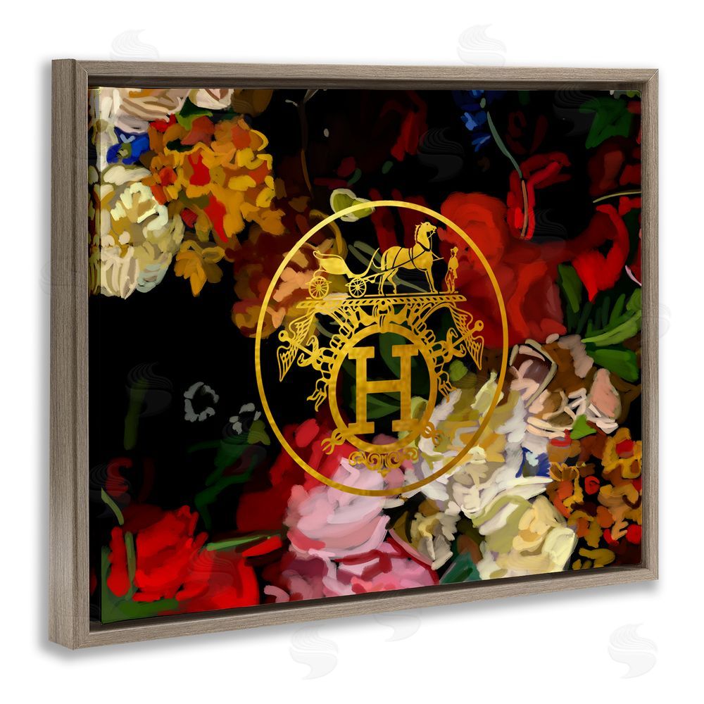 Amelia Noyes Glam Emblem Flowers Brown Floating Frame Canvas Wall Art Print