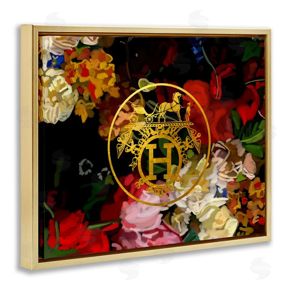 Amelia Noyes Glam Emblem Flowers Gold Floating Frame Canvas Wall Art Print
