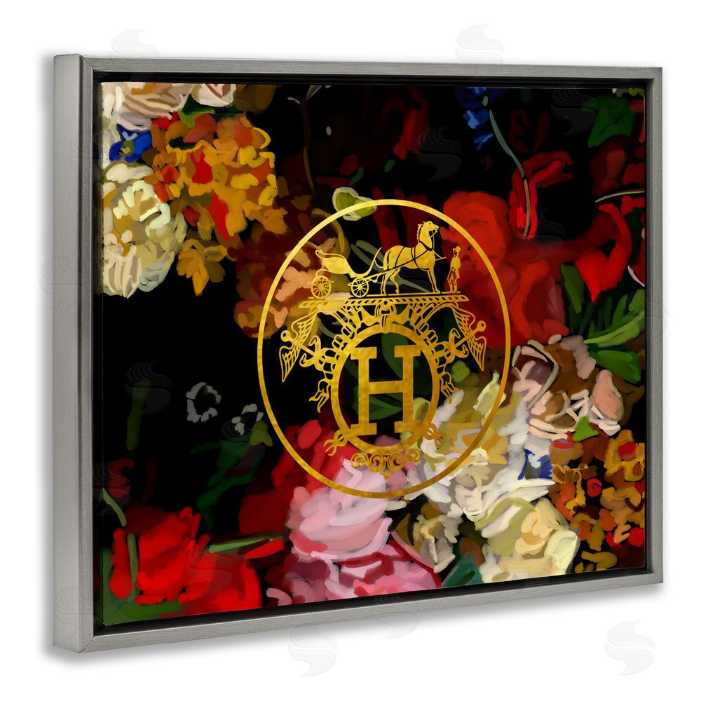 Amelia Noyes Glam Emblem Flowers Grey Floating Frame Canvas Wall Art Print