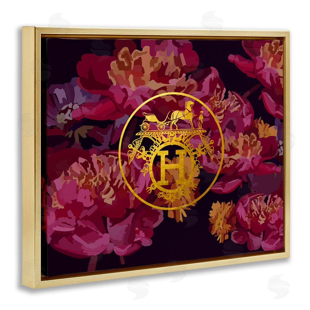 Amelia Noyes Glam Emblem Flower Pattern Gold Floating Frame Canvas Wall Art Print