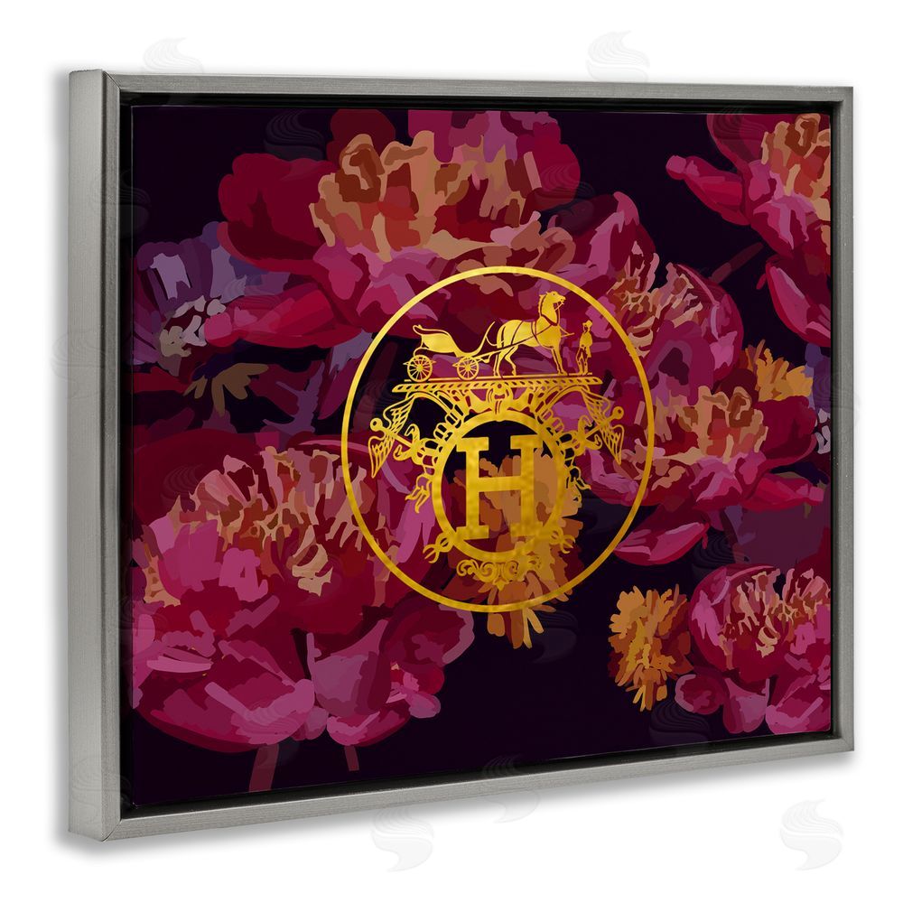 Amelia Noyes Glam Emblem Flower Pattern Grey Floating Frame Canvas Wall Art Print