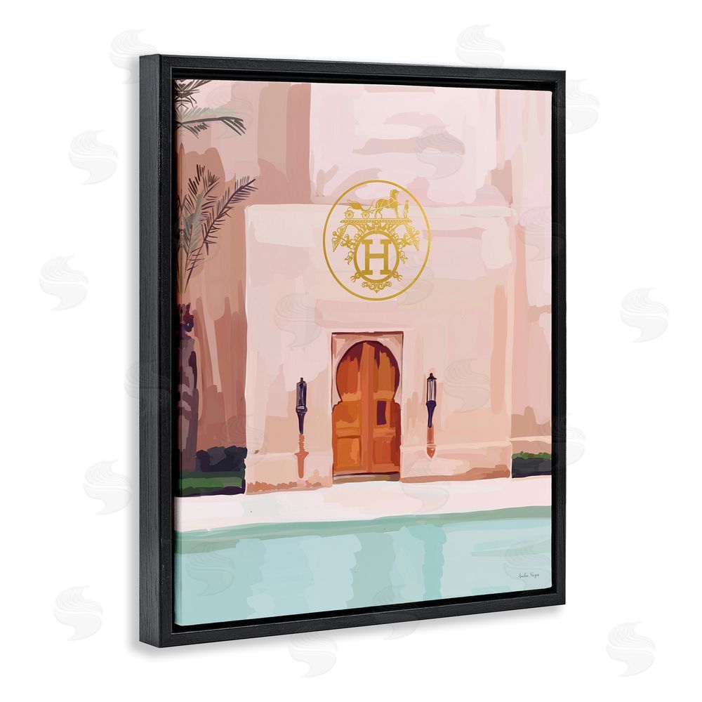 Amelia Noyes Glam Poolside Villa Scene Black Floating Frame Canvas Wall Art Print