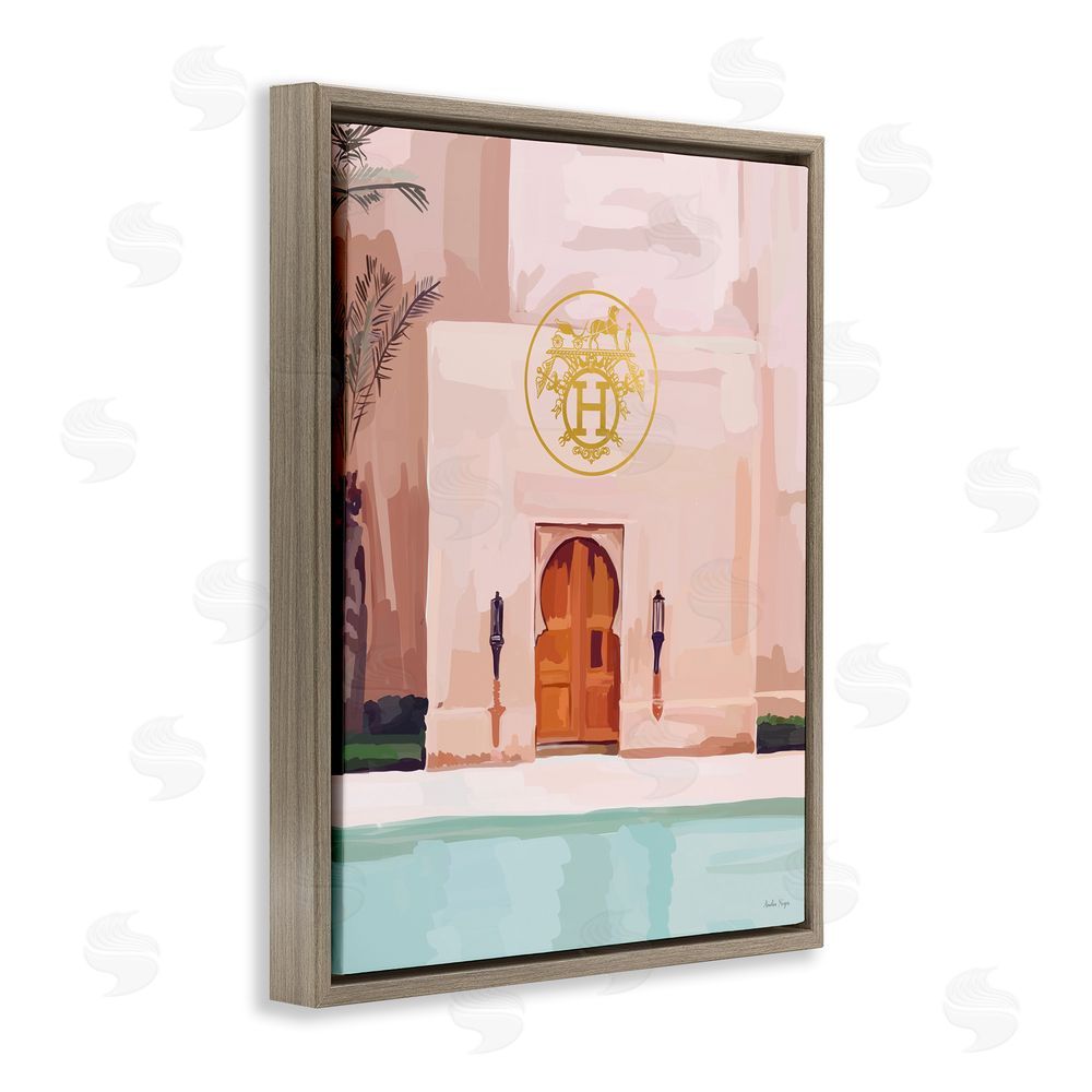 Amelia Noyes Glam Poolside Villa Scene Brown Floating Frame Canvas Wall Art Print