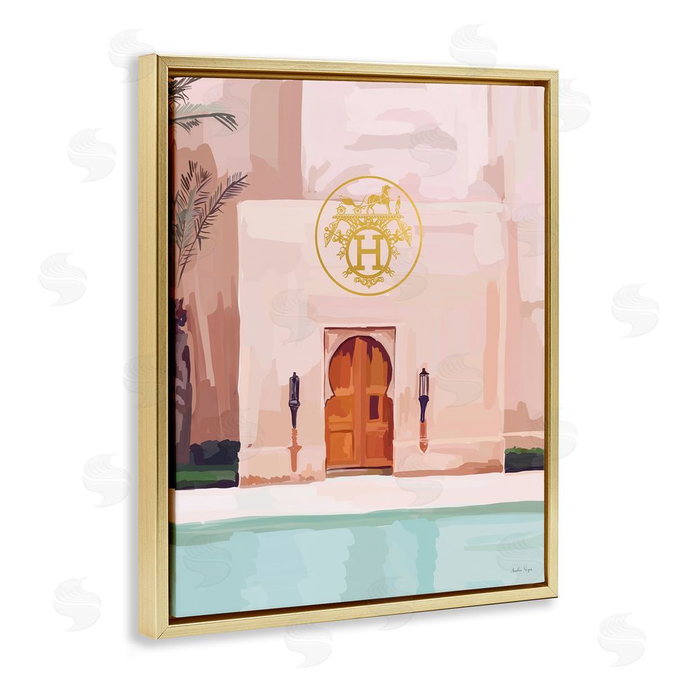 Amelia Noyes Glam Poolside Villa Scene Gold Floating Frame Canvas Wall Art Print