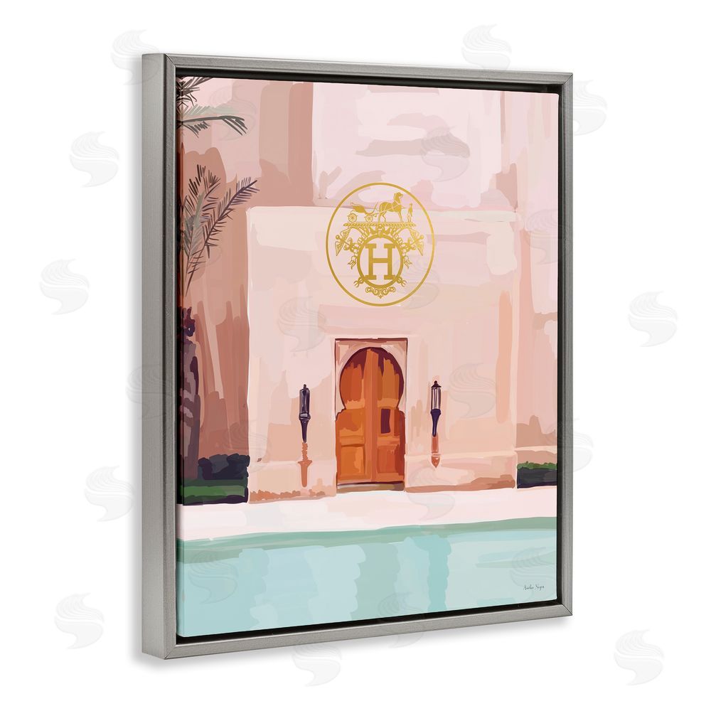 Amelia Noyes Glam Poolside Villa Scene Grey Floating Frame Canvas Wall Art Print