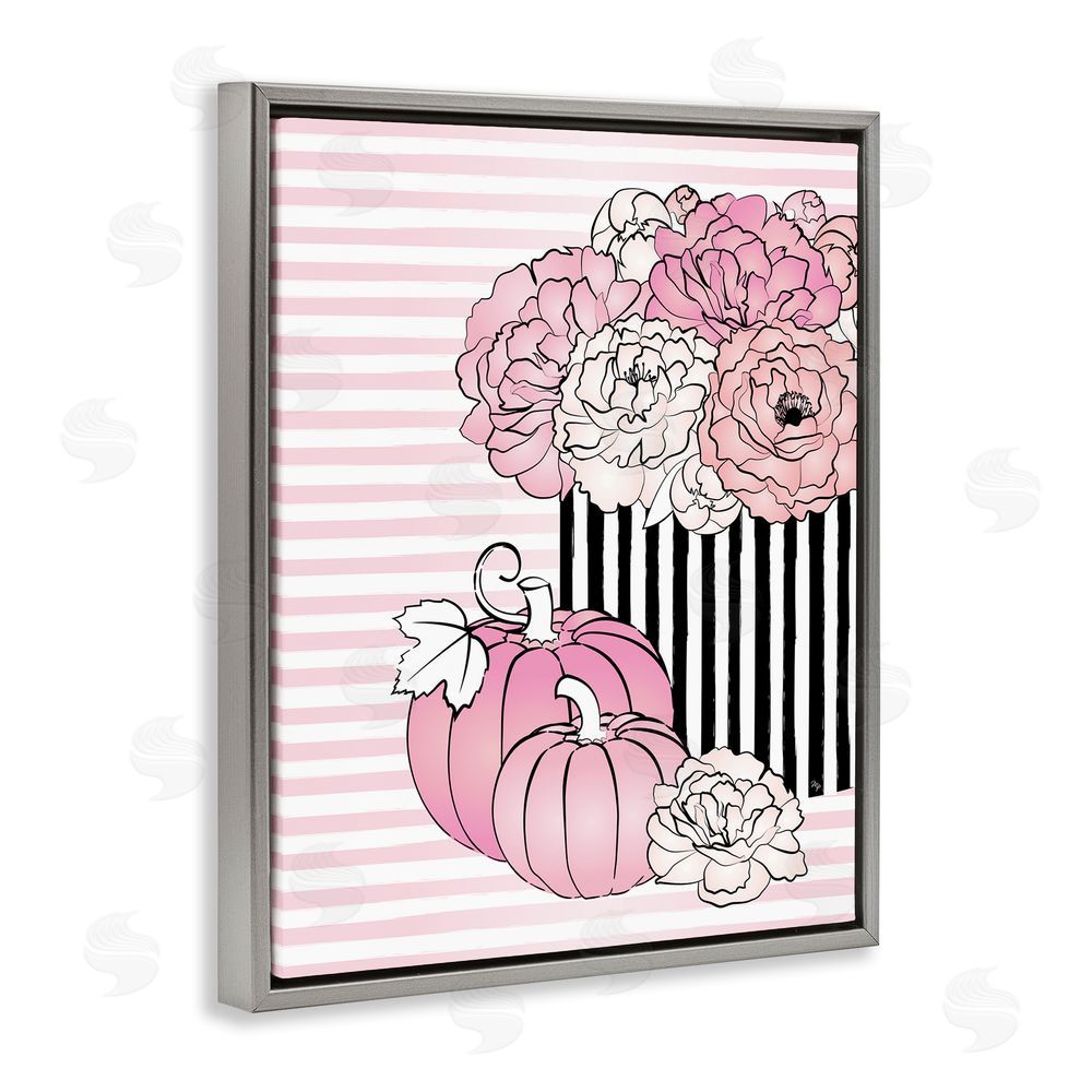 Martina Pavlova Pink Florals & Pumpkins Grey Floating Frame Canvas Wall Art Print