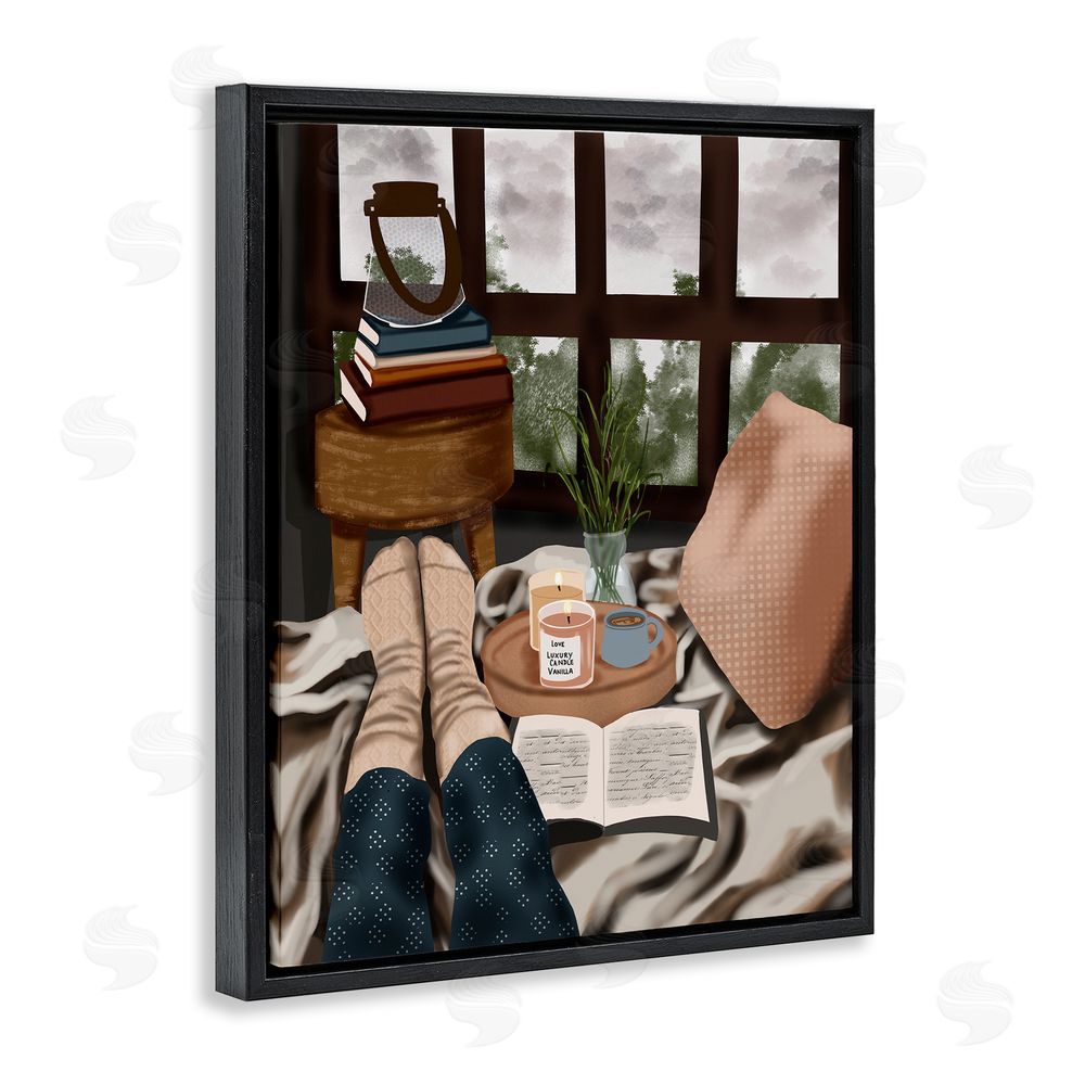 Saba Rauf Relaxing Reading in Bed Black Floating Frame Canvas Wall Art Print