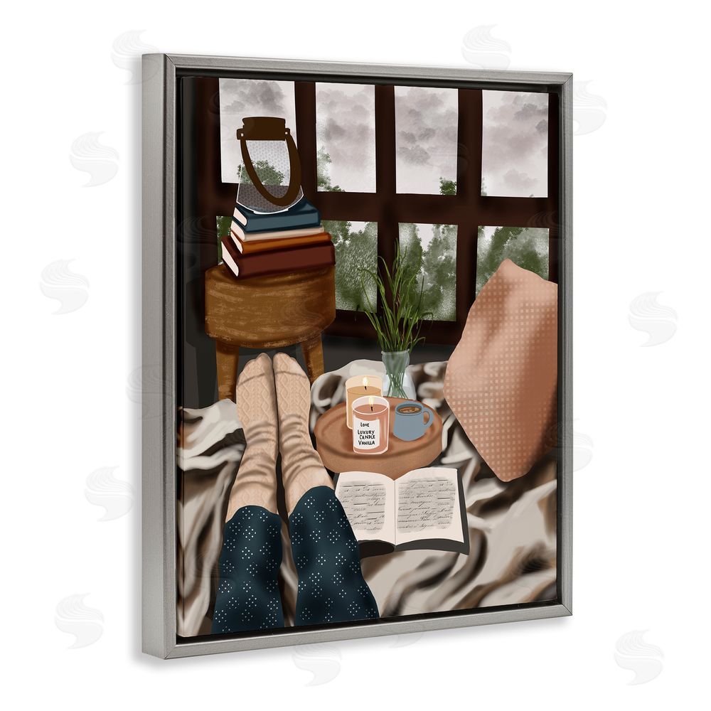 Saba Rauf Relaxing Reading in Bed Grey Floating Frame Canvas Wall Art Print