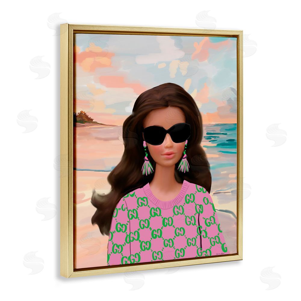 Amelia Noyes Abstract Fashionista on Beach Gold Floating Frame Canvas Wall Art Print