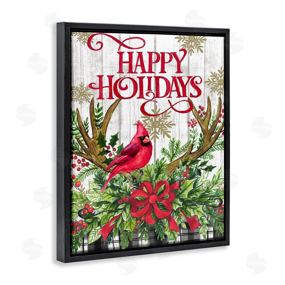 Elena Vladykina Happy Holidays Cardinal Black Floating Frame Canvas Wall Art Print