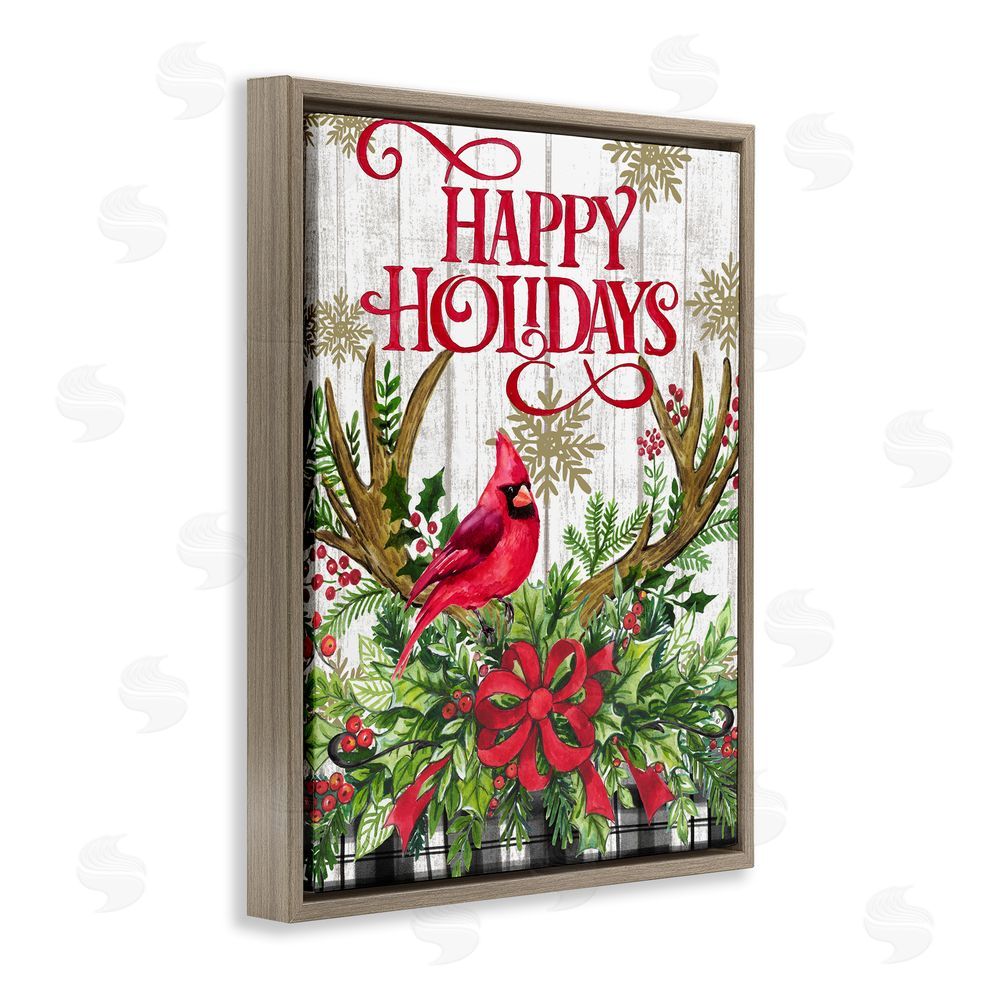 Elena Vladykina Happy Holidays Cardinal Brown Floating Frame Canvas Wall Art Print