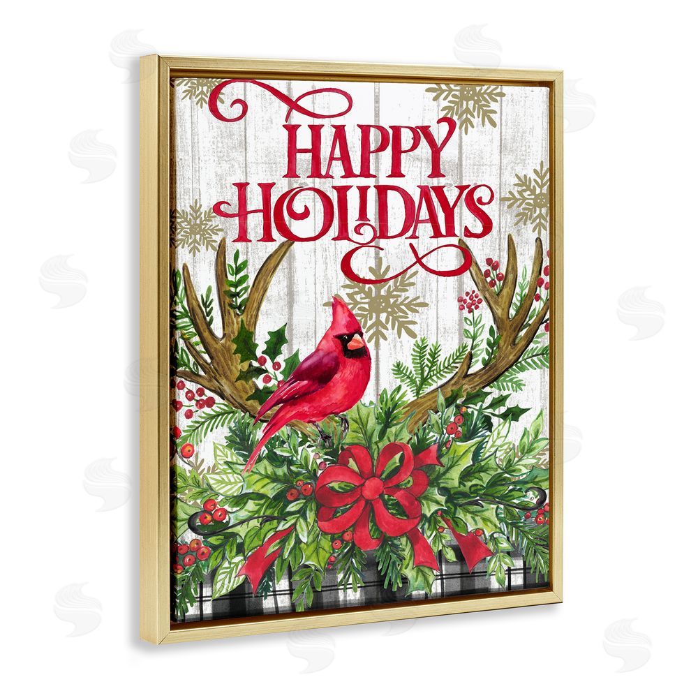Elena Vladykina Happy Holidays Cardinal Gold Floating Frame Canvas Wall Art Print