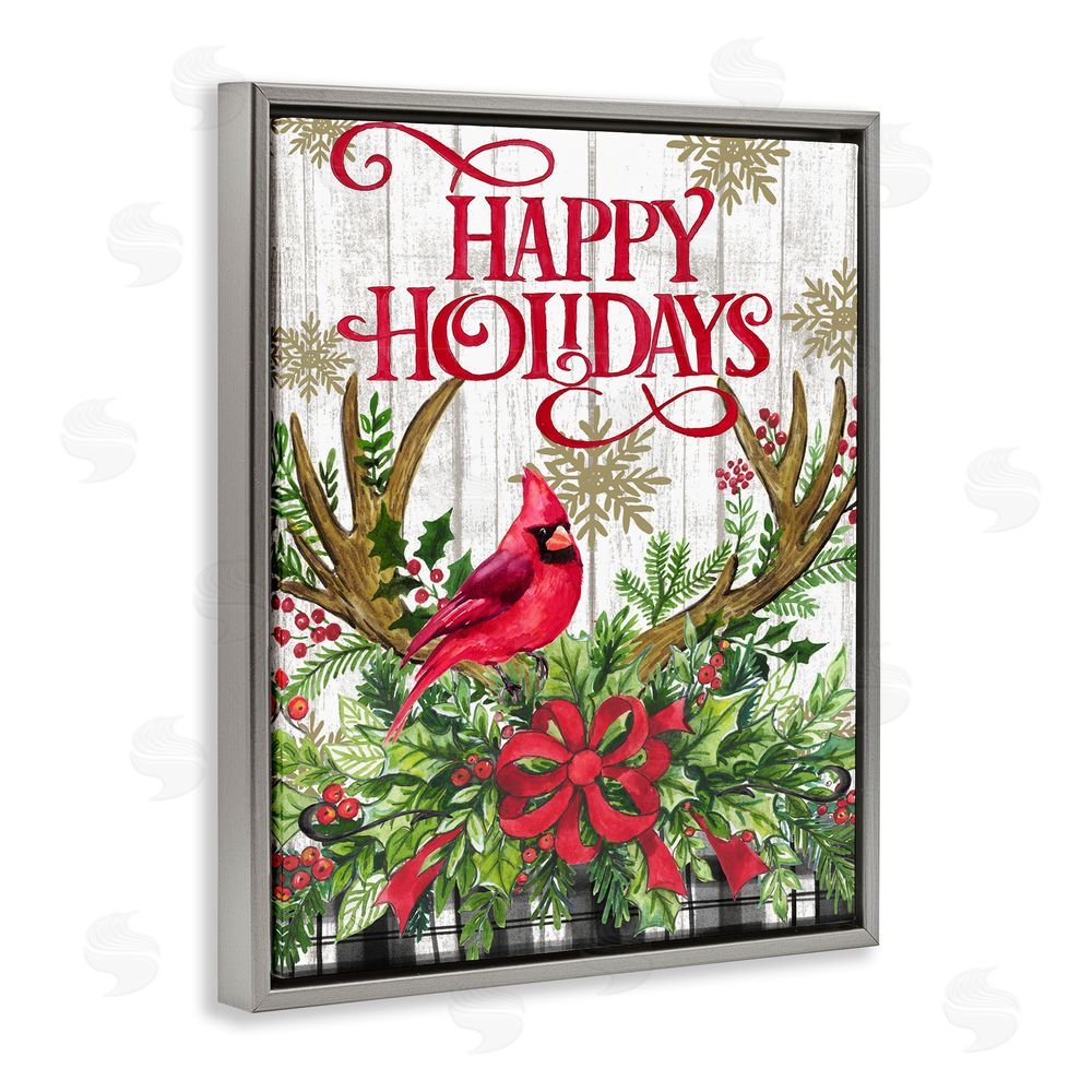 Elena Vladykina Happy Holidays Cardinal Grey Floating Frame Canvas Wall Art Print