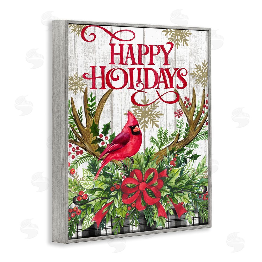 Elena Vladykina Happy Holidays Cardinal Gray Framed Giclee Wall Art Print