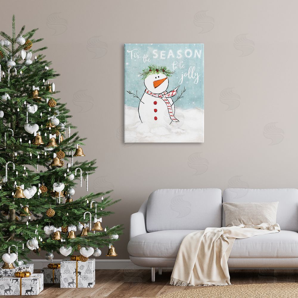 Janet Tava Tis the Season Snowman Canvas Wall Art Print in Room