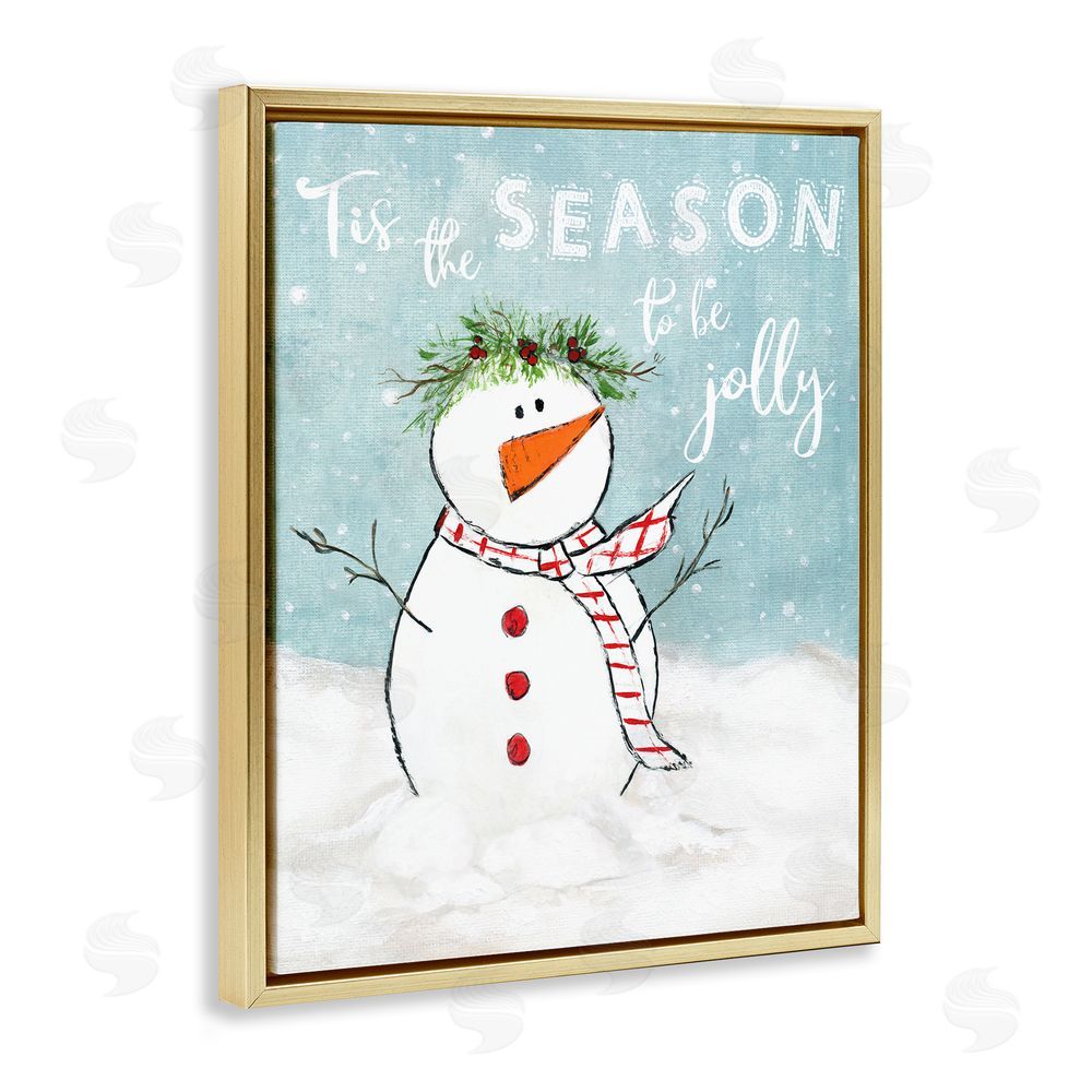 Janet Tava Tis the Season Snowman Gold Floating Frame Canvas Wall Art Print