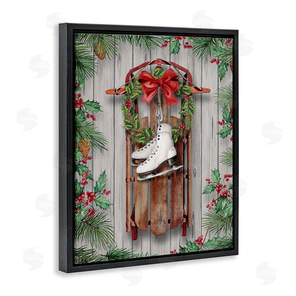 Conrad Knutsen Winter Ice Skates & Sled Black Floating Frame Canvas Wall Art Print