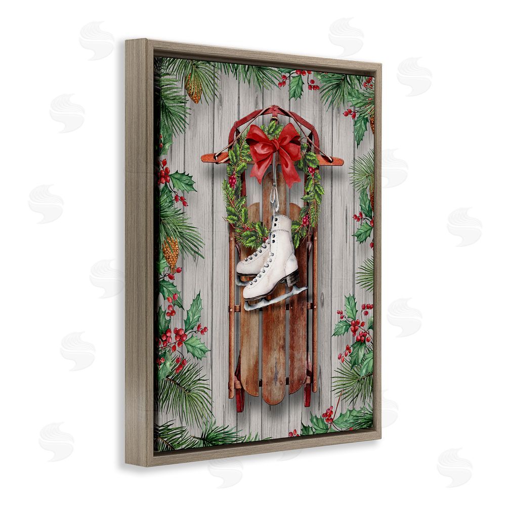 Conrad Knutsen Winter Ice Skates & Sled Brown Floating Frame Canvas Wall Art Print
