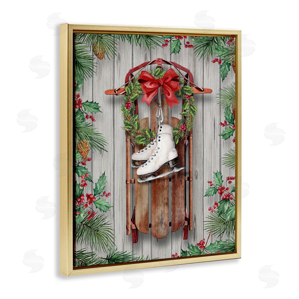 Conrad Knutsen Winter Ice Skates & Sled Gold Floating Frame Canvas Wall Art Print