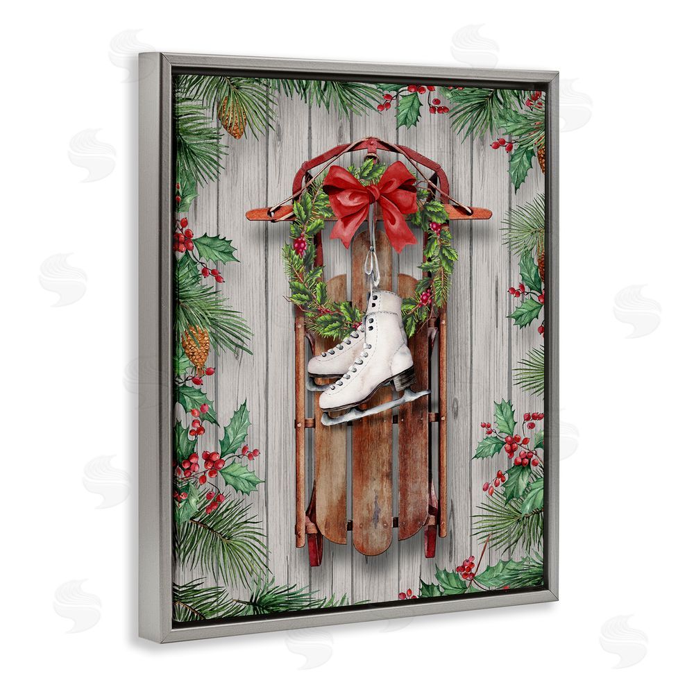 Conrad Knutsen Winter Ice Skates & Sled Grey Floating Frame Canvas Wall Art Print