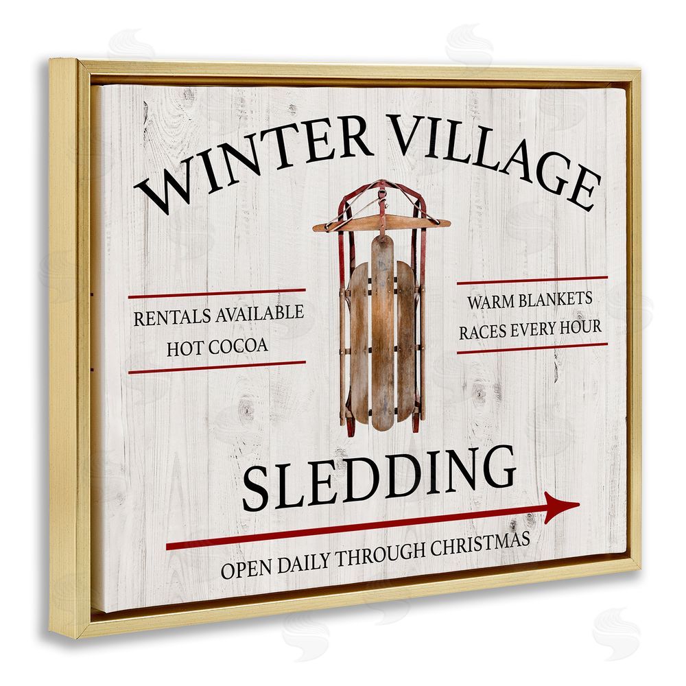 Conrad Knutsen Winter Village Sledding Gold Floating Frame Canvas Wall Art Print