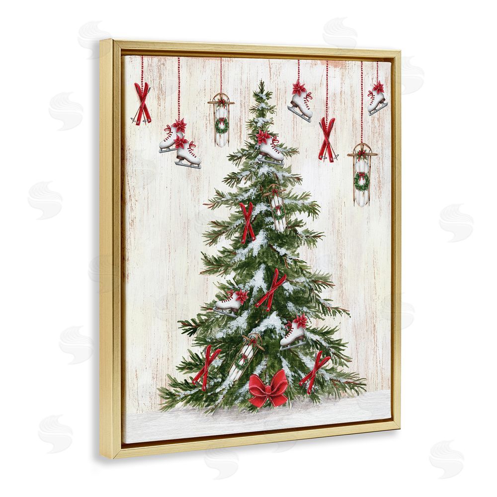 Emma Leach Ice Skates & Sleds on Tree Gold Floating Frame Canvas Wall Art Print