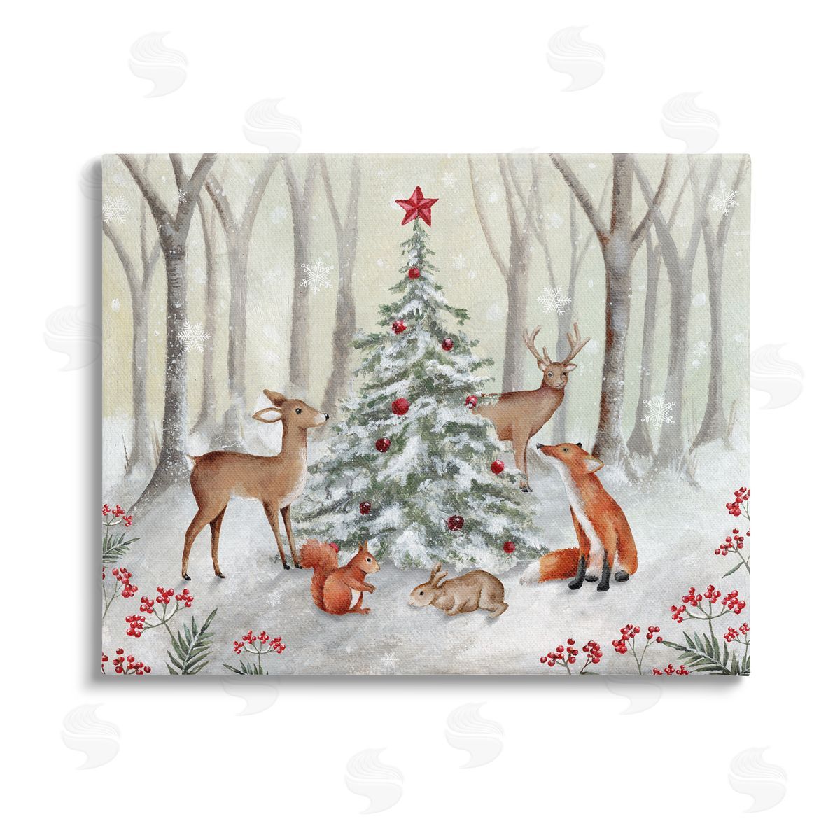 Emma Leach Forest Animals & Christmas Tree Stretched Canvas Wall Art Print