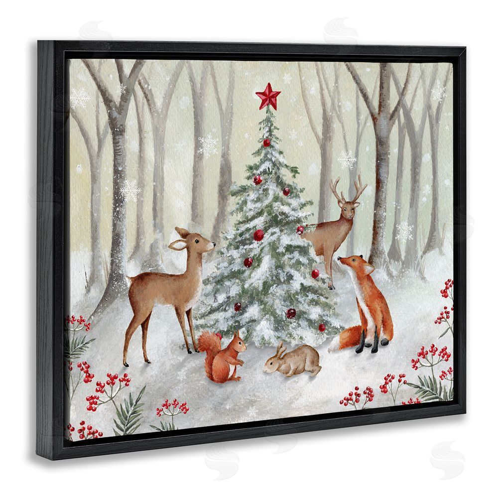 Emma Leach Forest Animals & Christmas Tree Black Floating Frame Canvas Wall Art Print
