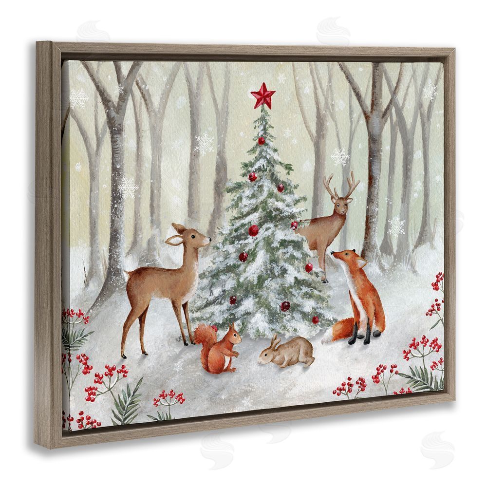 Emma Leach Forest Animals & Christmas Tree Brown Floating Frame Canvas Wall Art Print
