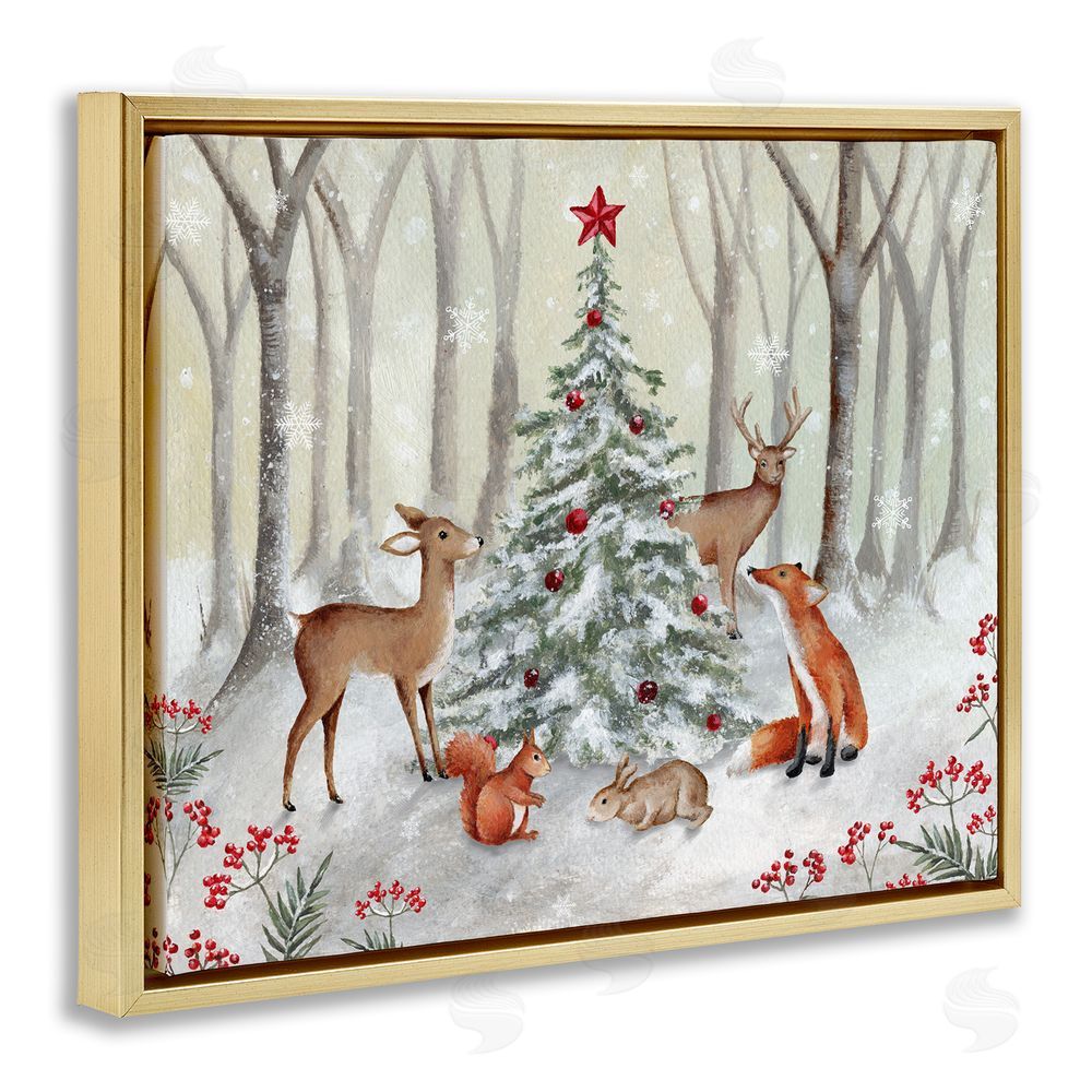 Emma Leach Forest Animals & Christmas Tree Gold Floating Frame Canvas Wall Art Print