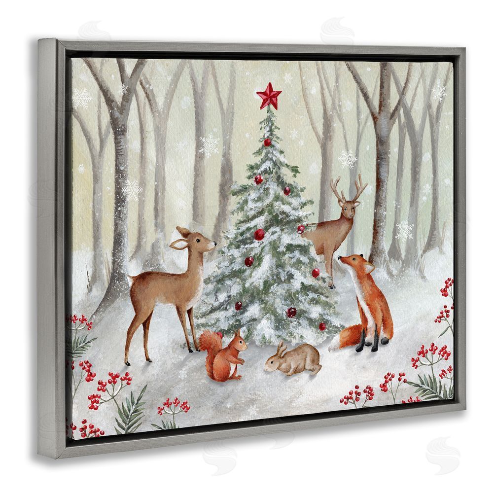 Emma Leach Forest Animals & Christmas Tree Grey Floating Frame Canvas Wall Art Print
